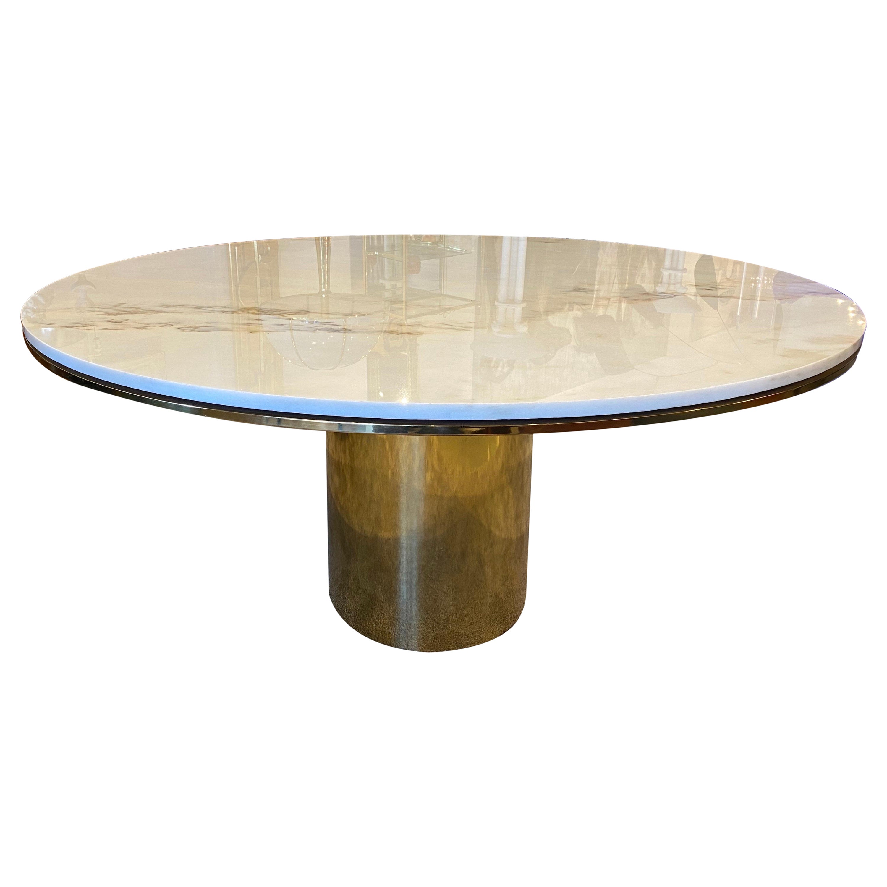 Large Polished Bronze & White Marble Top "Anello" Dining Table by Brueton