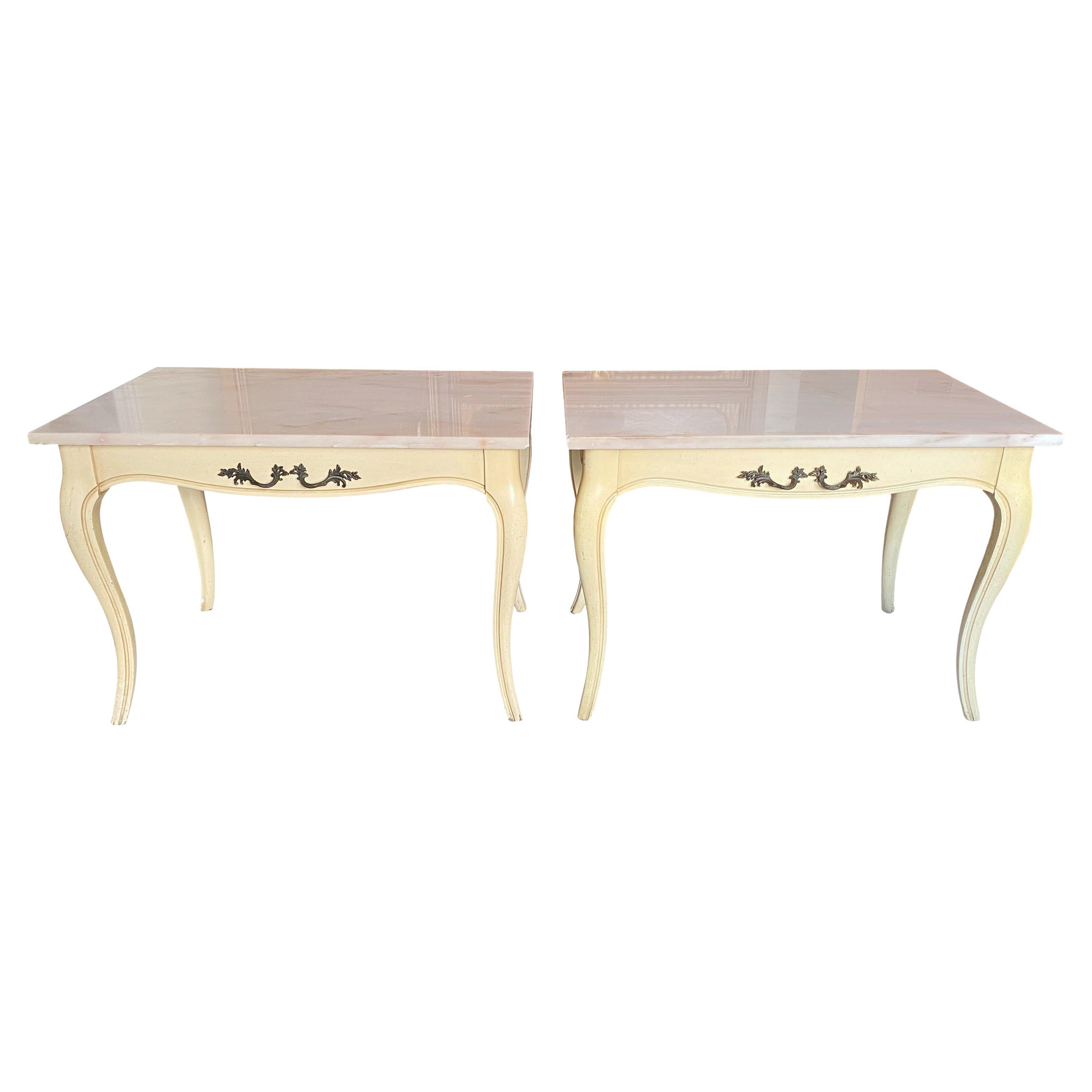 Vintage French Louis XV Marble Top Cream End Tables, a Pair