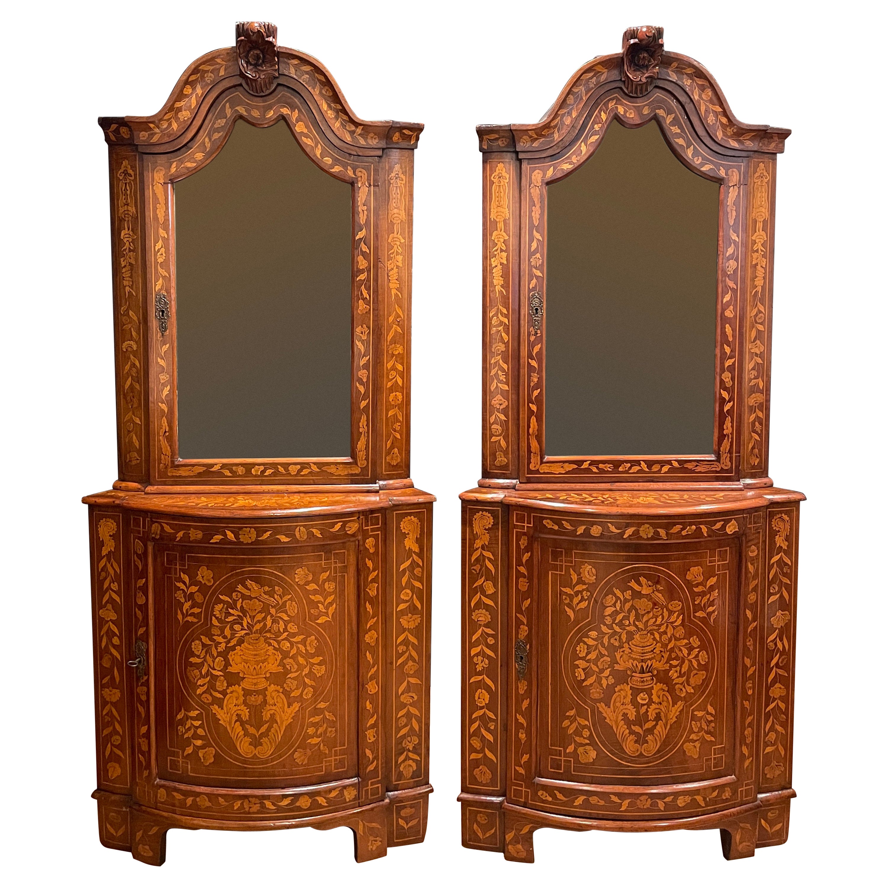 Pair of Early 19th Century Dutch Marquetry Corner Cupboards For Sale