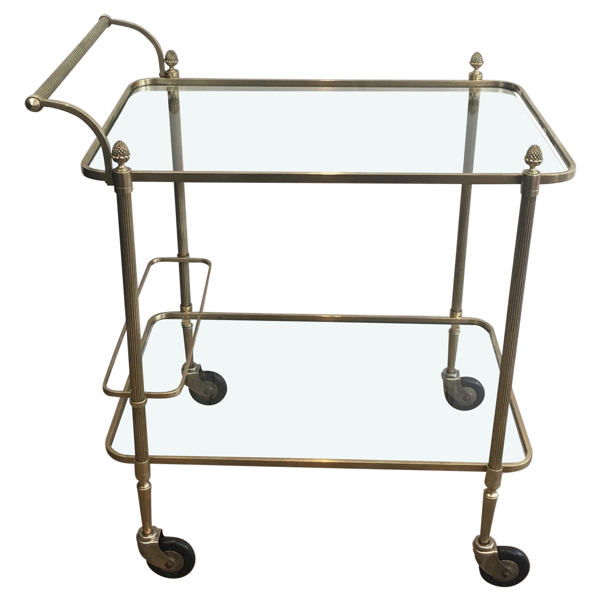 Maison Bagués, Neoclassical Brass Bar Cart with 2 Clear Glass Shelves
