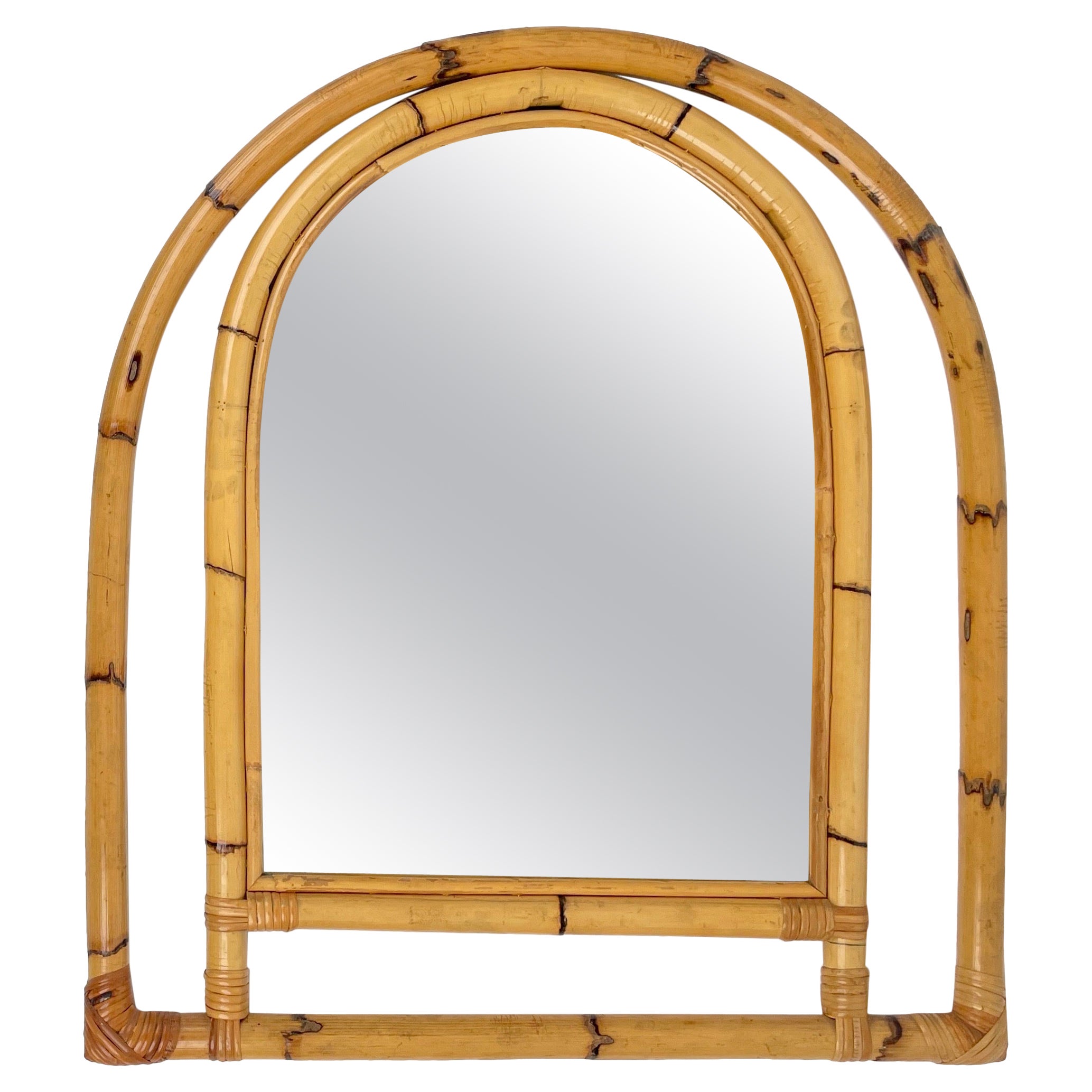 Arched Bamboo & Rattan Wall Mirror, Italy 1970s For Sale