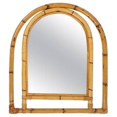 Arched Bamboo & Rattan Wall Mirror, Italy 1970s