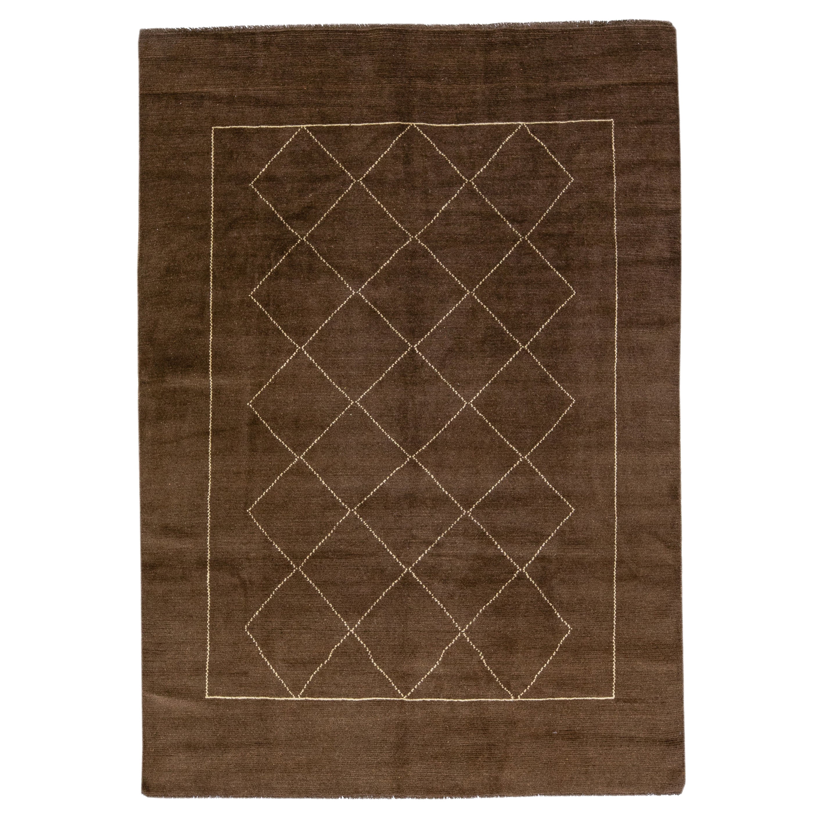 Brown Modern Moroccan Style Handmade Tribal Pattern Wool Rug by Apadana For Sale