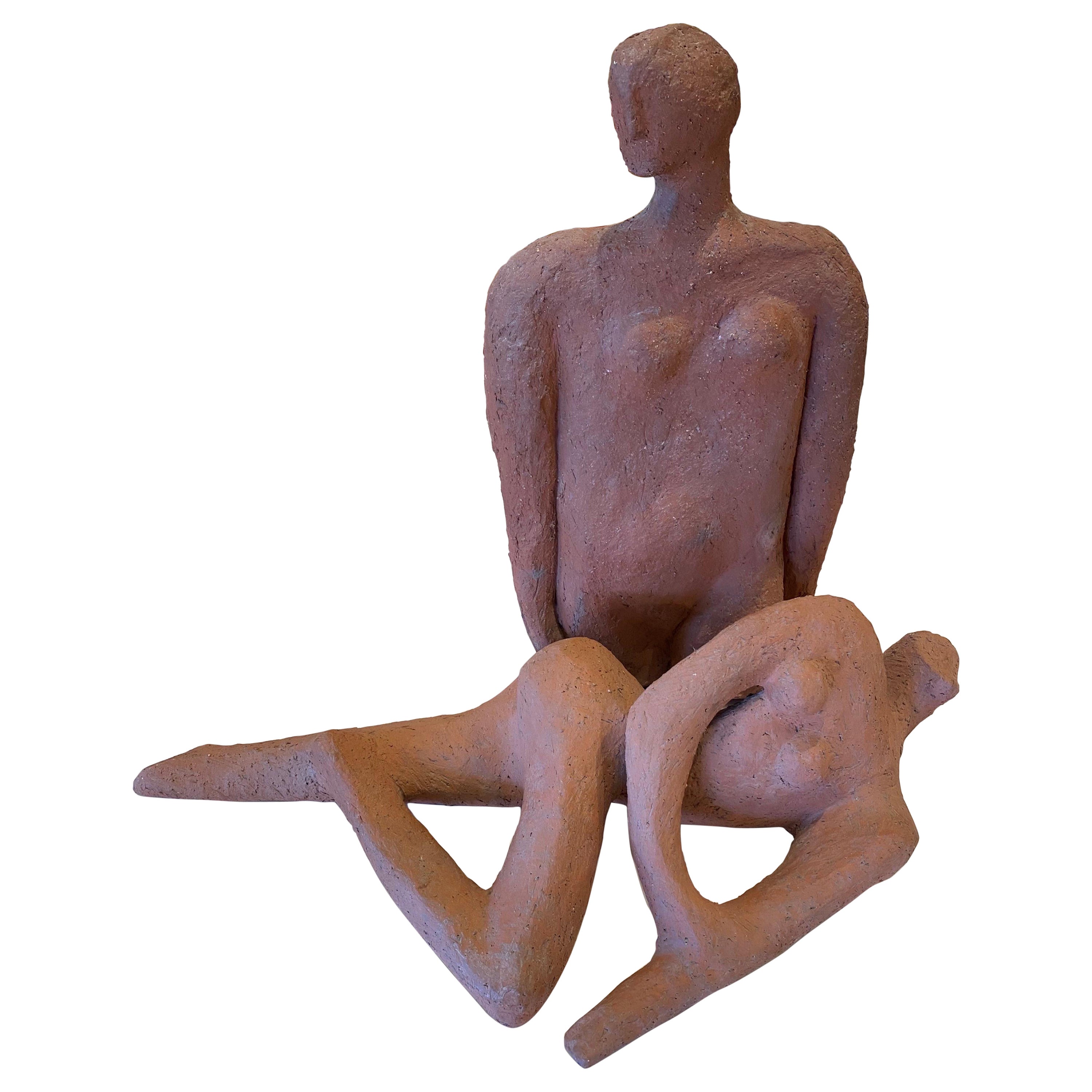 Paire de grandes sculptures vintage de nus en argile inspirées par Henry Moore