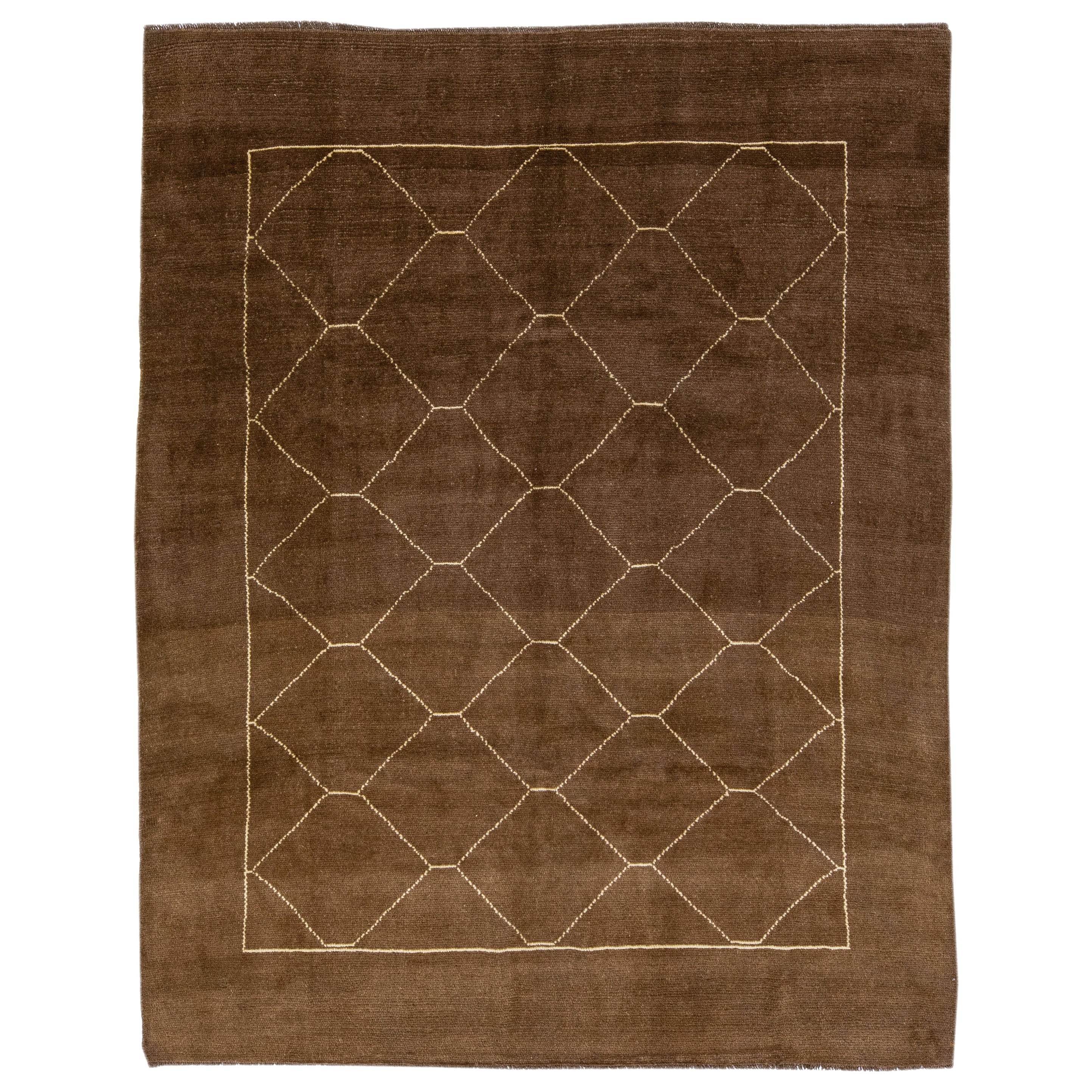 Modern Moroccan Style Brown Handmade Geometric Pattern Wool Rug by Apadana