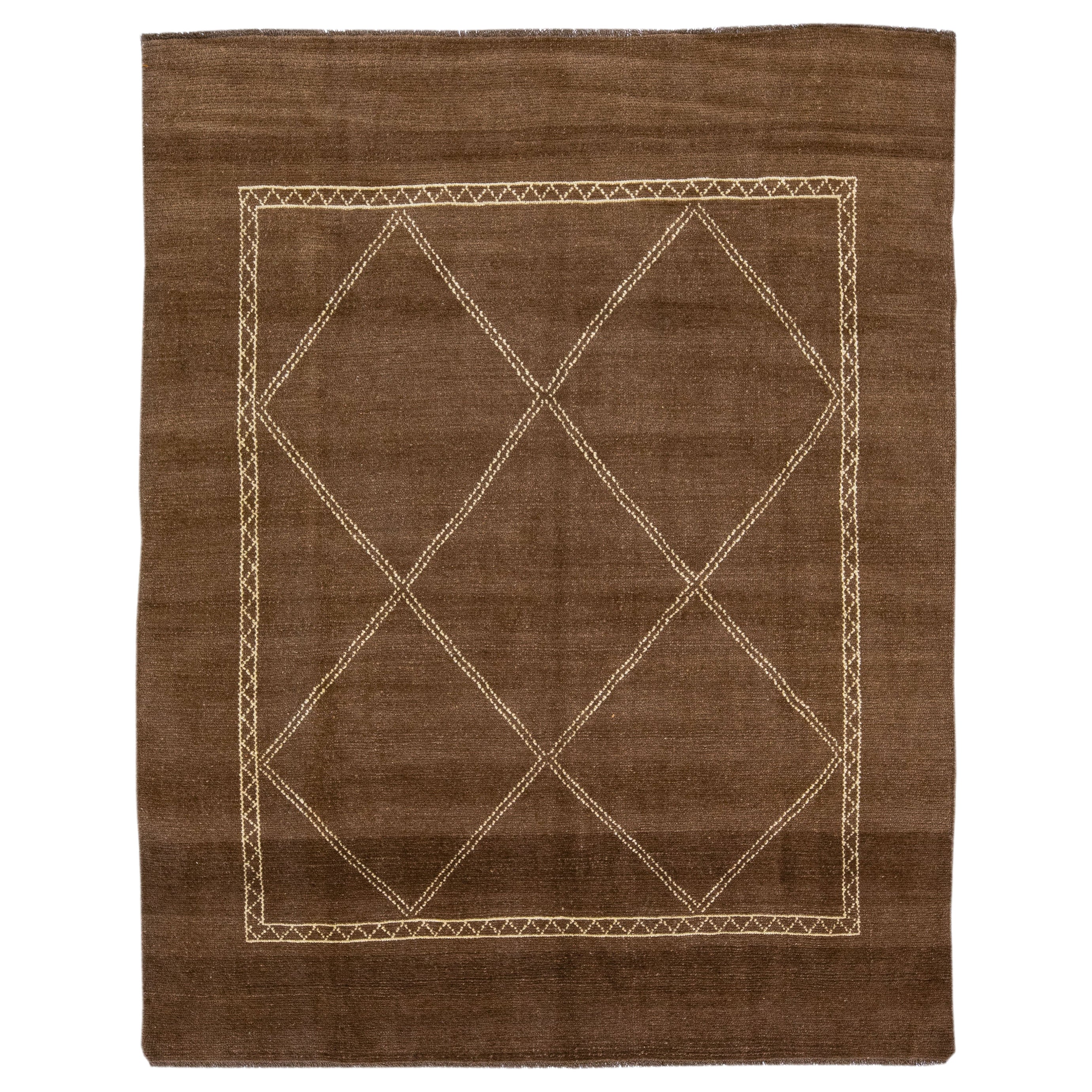Tribal Modern Moroccan Style Handmade Brown Wool Rug by Apadana