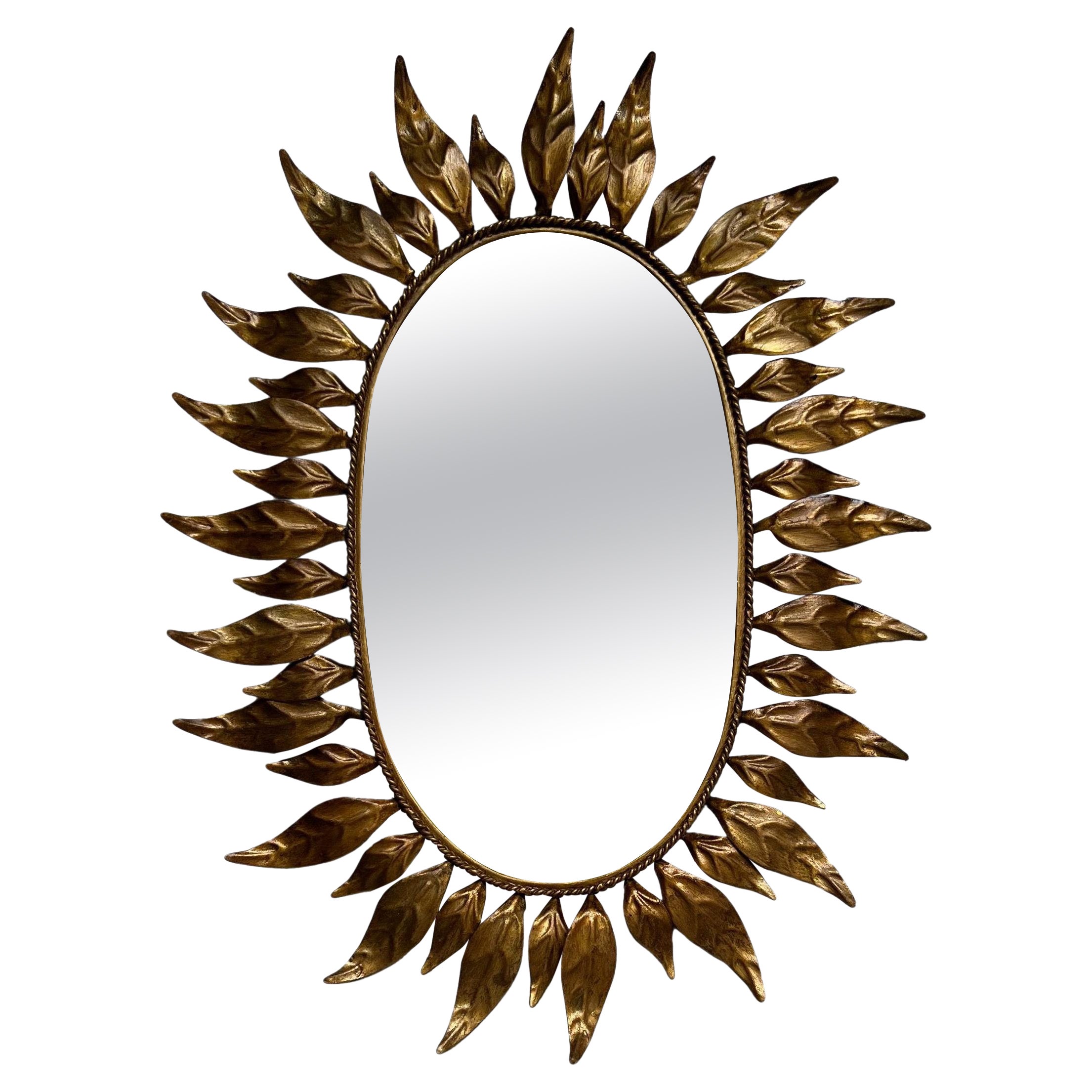 Spanish Oval Gilt Metal Sunburst Mirror With Alternating Leaves