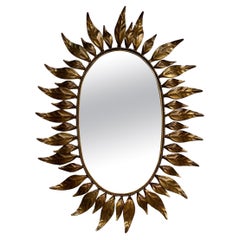 Retro Spanish Oval Gilt Metal Sunburst Mirror With Alternating Leaves