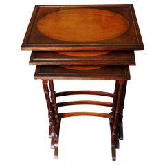 Antique English Edwardian Set of Three Mahogany Nesting Tables with Satinwood Inlay