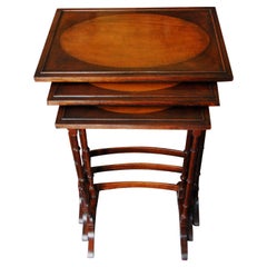 English Edwardian Set of Three Mahogany Nesting Tables with Satinwood Inlay