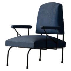 Used Italian Designer, Lounge Chair, Metal, Blue Fabric Italy, 1940s