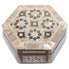 Vintage Moorish White Hexagonal Box with Inlaid Mosaic Marquetry