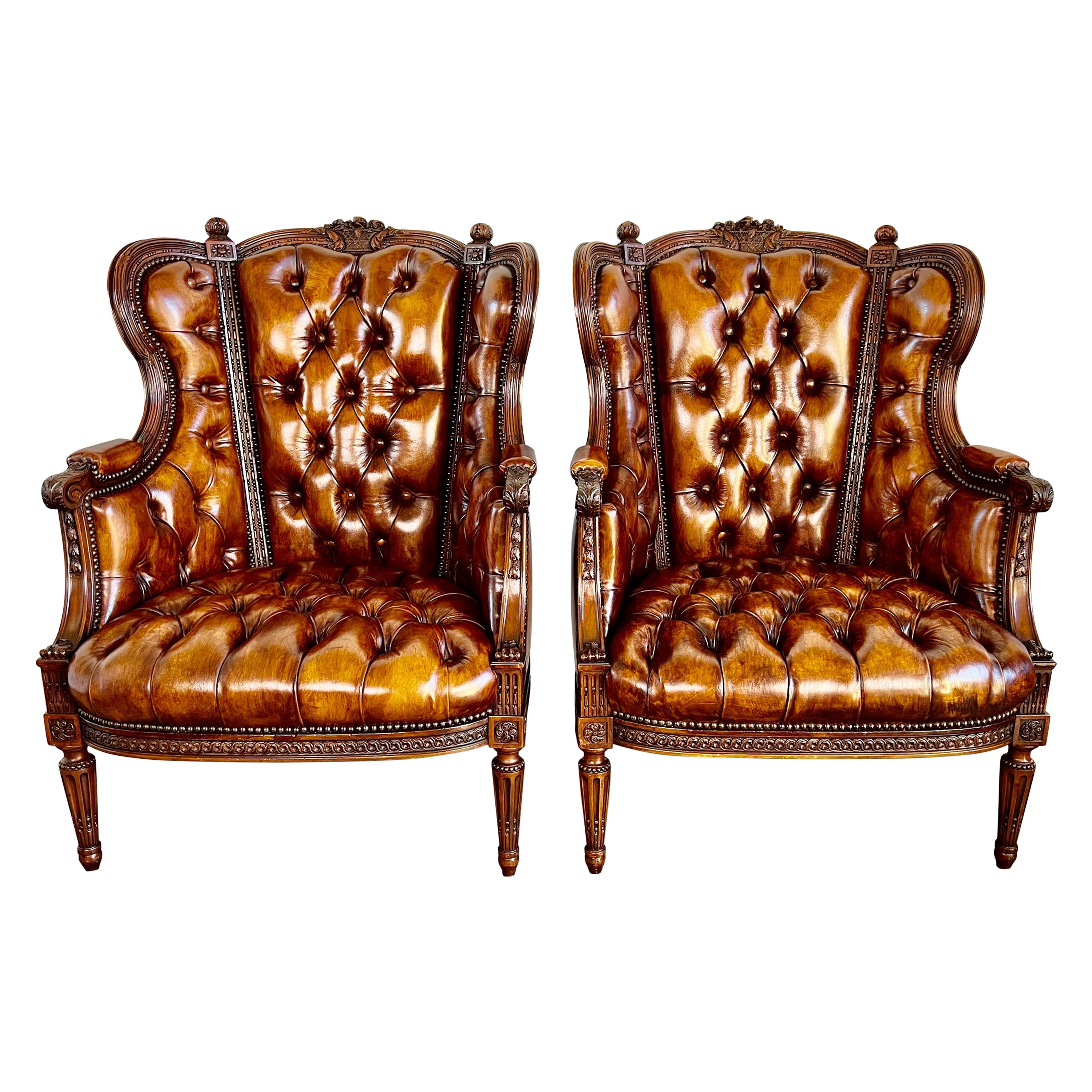 Pair of Leather Tufted Louis XVI Style Armchairs C. 1900's