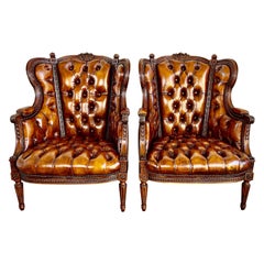 Pair of Leather Tufted Louis XVI Style Armchairs C. 1900's