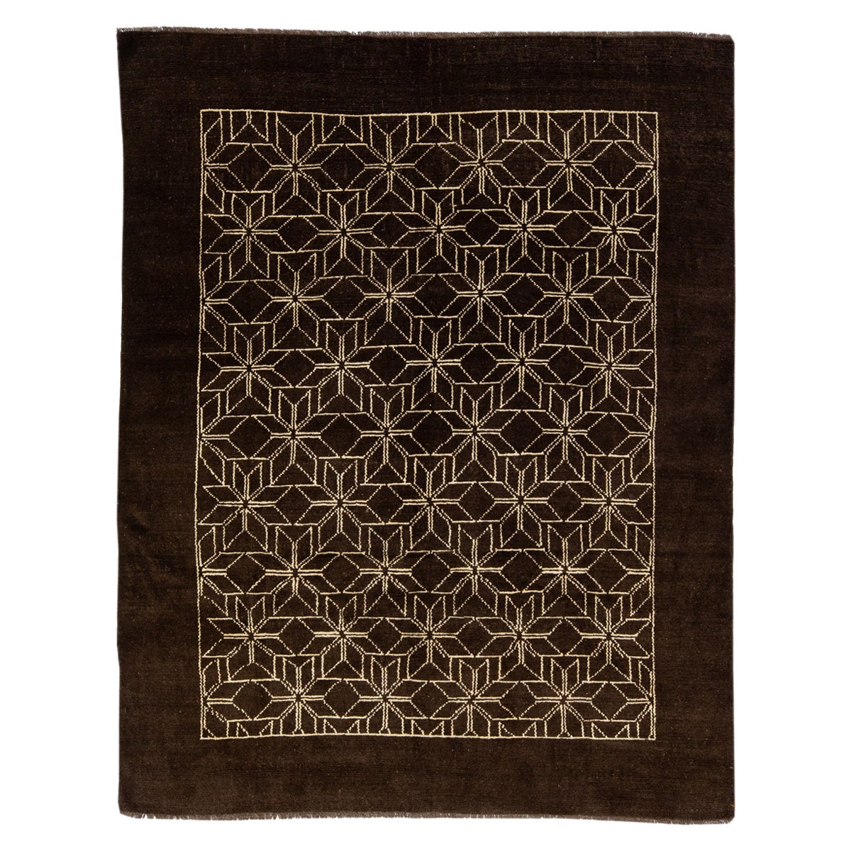 Dark Brown Modern Moroccan Style Handmade Geometric Motif Wool Rug by Apadana For Sale