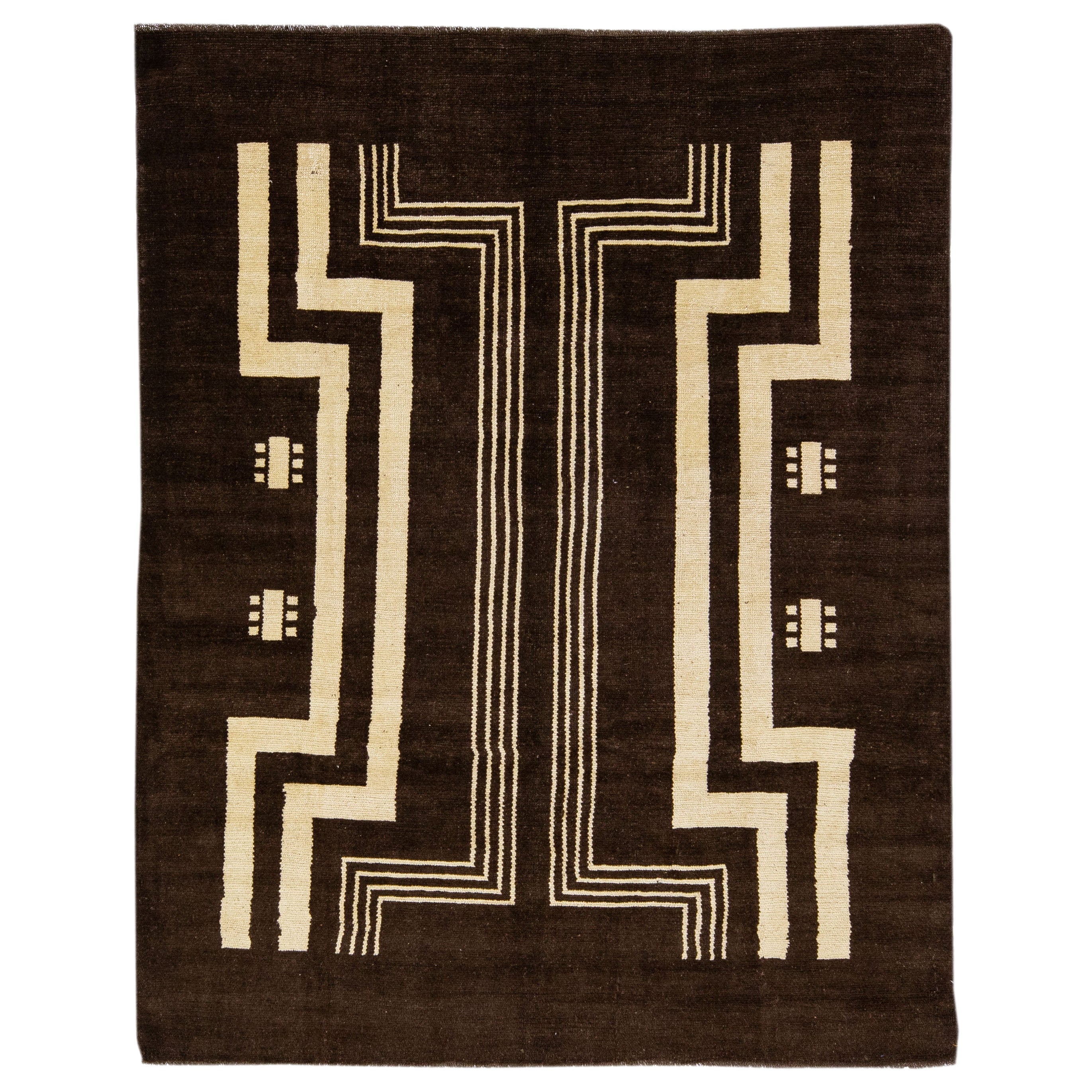 Transitional Art Deco Handmade Dark Brown Wool Rug with Tribal Design by Apadana For Sale