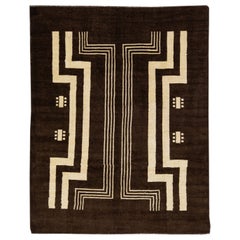 Transitional Art Deco Handmade Dark Brown Wool Rug with Tribal Design by Apadana