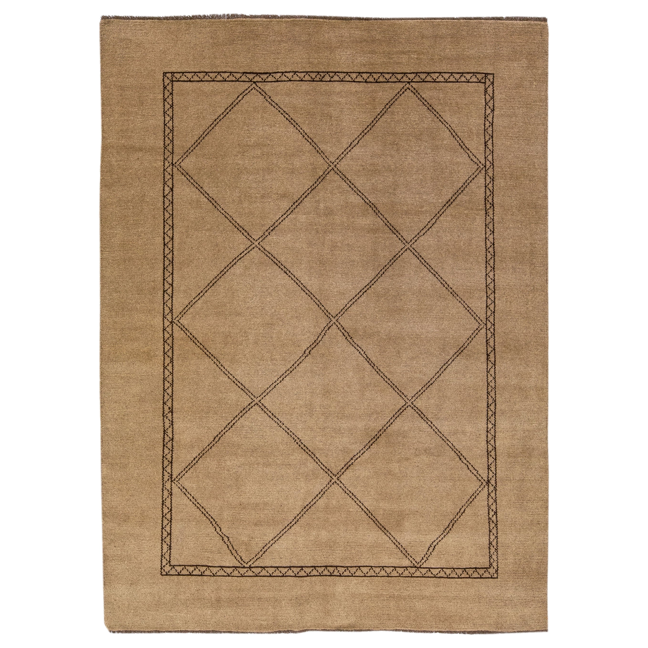Modern Moroccan Style Handmade Brown Wool Rug with Geometric Motif by Apadana For Sale
