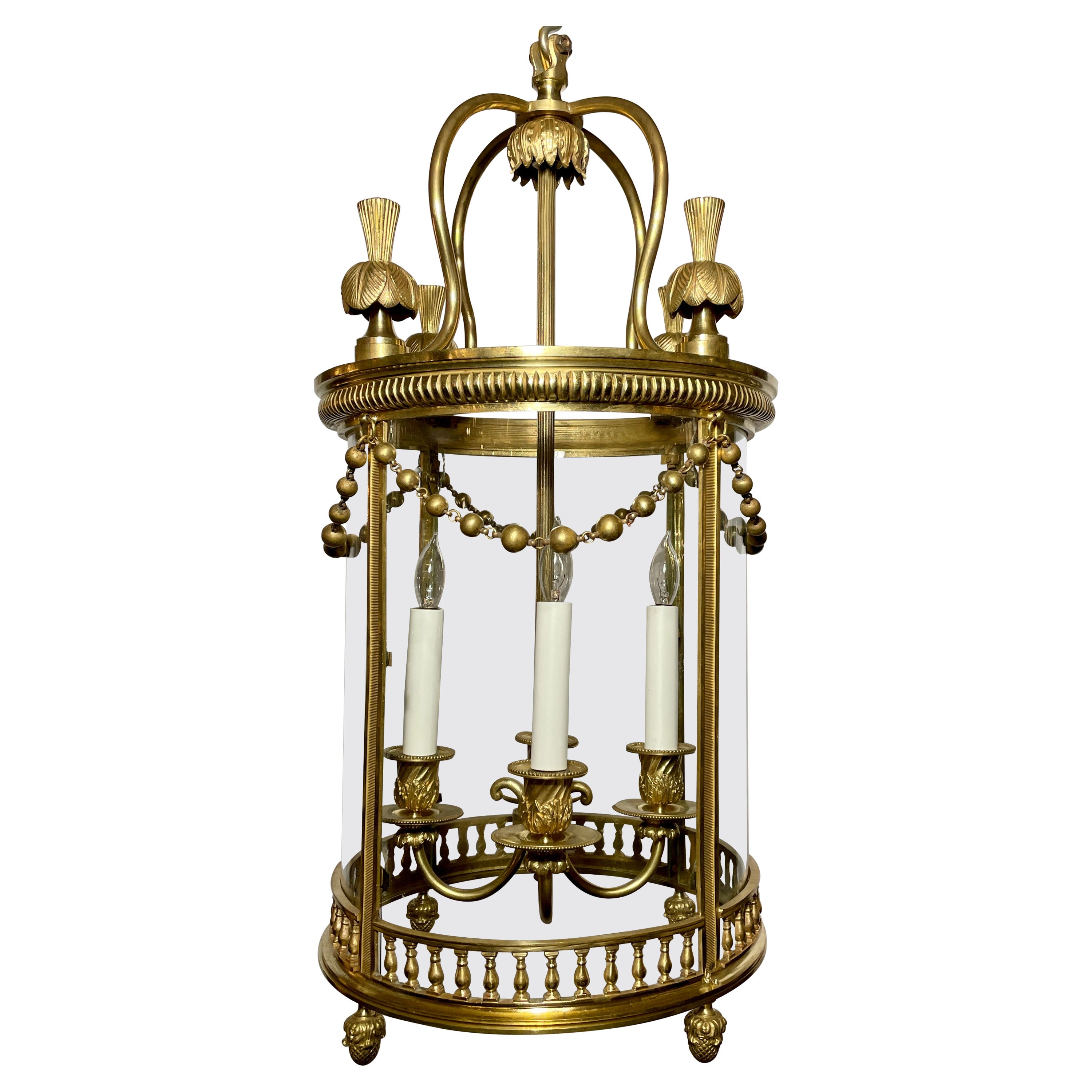 Antique French Louis XVI Gold Bronze 4 Light Lantern, Circa 1880.