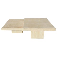 Vintage Modern Italian Travertine Square Nesting Tables, Pair