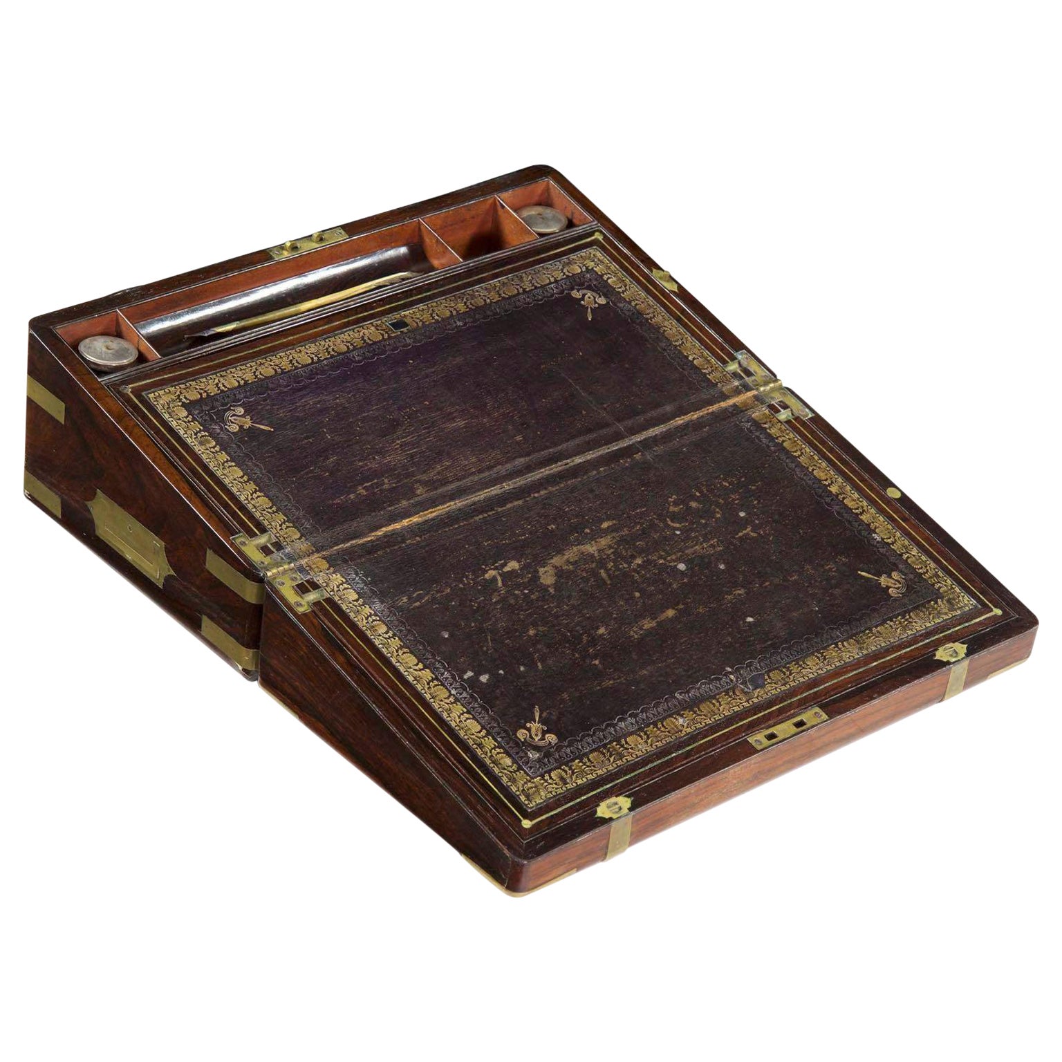 Seltener antiker englischer Regency-Schreibtisch aus Palisanderholz und Messing mit Schachtel