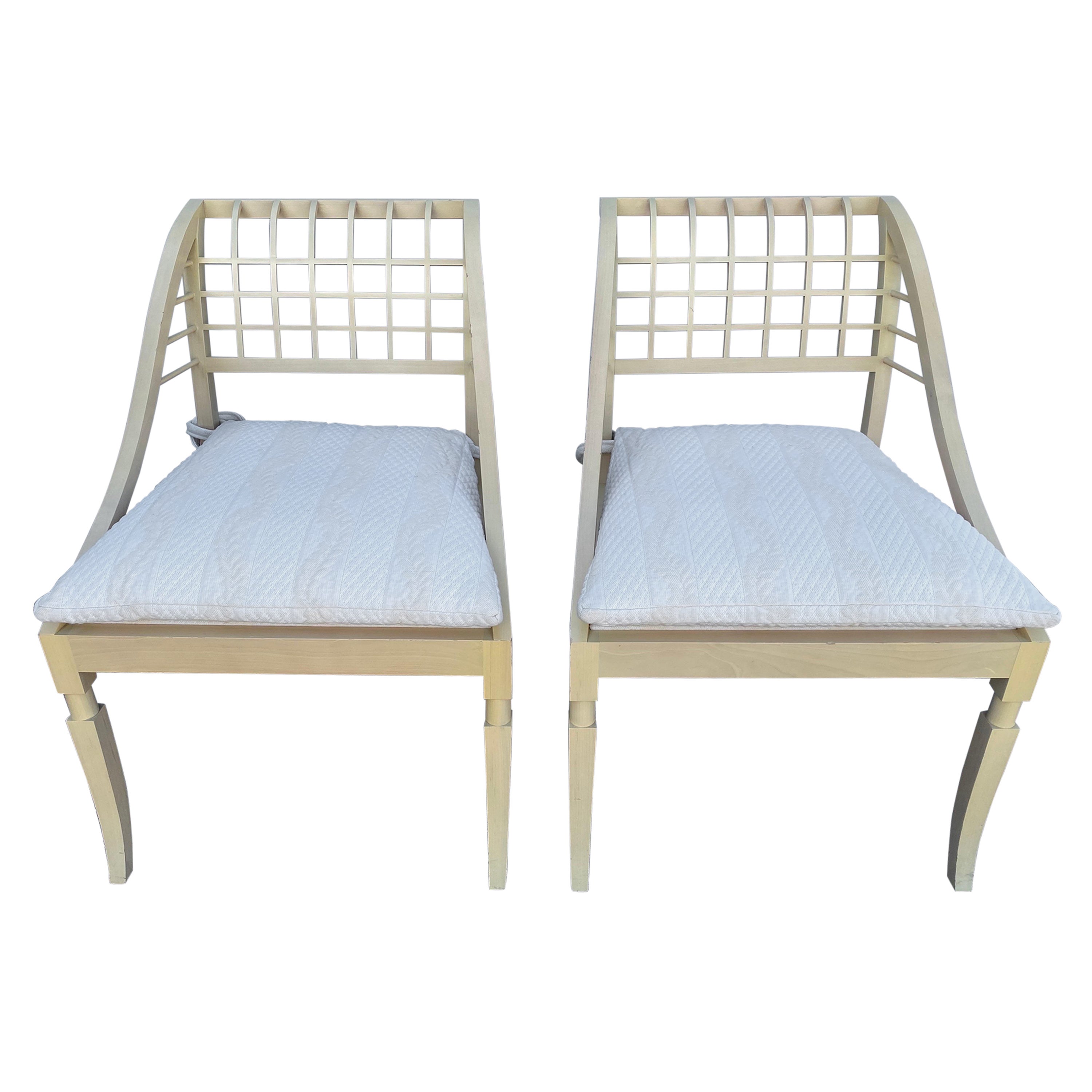 John Saladino Lattice Wood Framed Sleigh Chairs, Pair For Sale