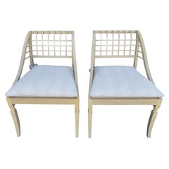 John Saladino Lattice Wood Framed Sleigh Chairs, Pair