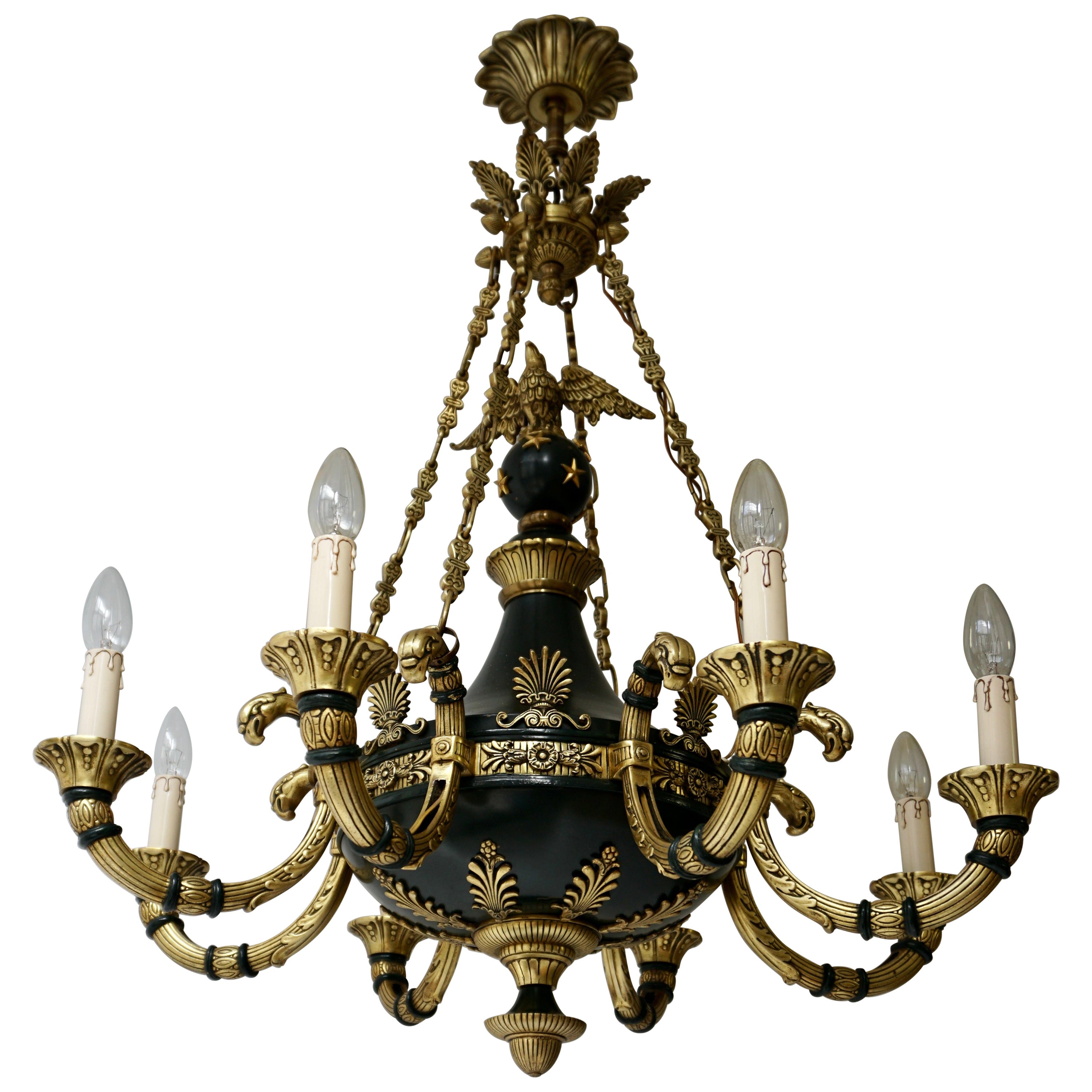Antique French Empire Style Neoclassical Gilt and Patina Bronze Eagle Chandelier