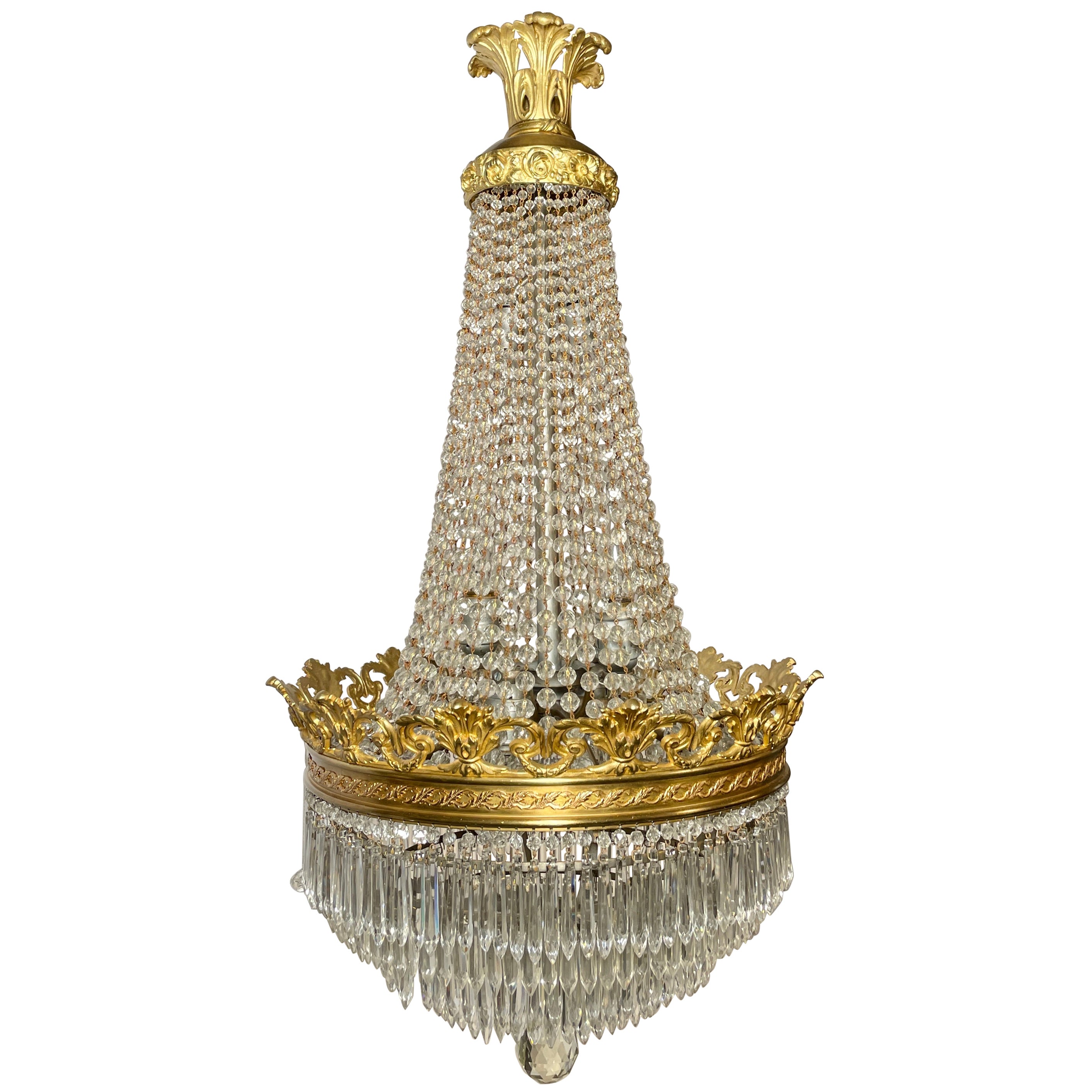 Antique French Baccarat Crystal and Gold Bronze Chandelier, Circa 1890s