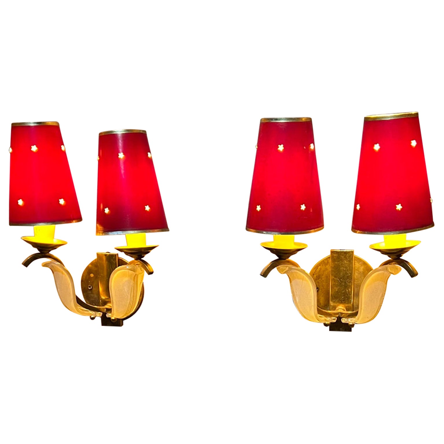 1950s French Red Star Floral Sconces Brass and Art Glass  For Sale