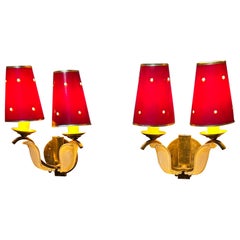1950s French Red Star Floral Sconces Brass and Art Glass