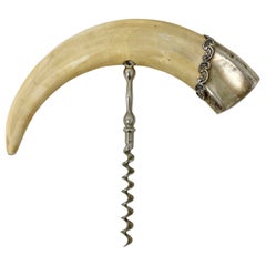 Antique Sterling Silver Mounted Boar's Tusk Corkscrew with Nickel Silver Worm.