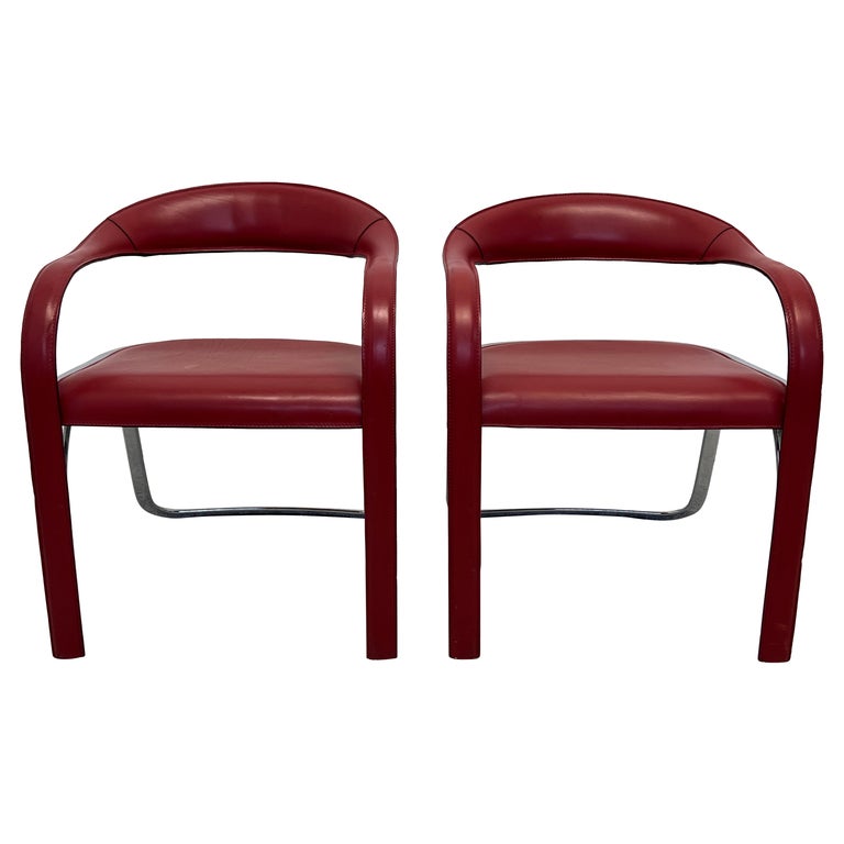Vladimir Kagan Red Leather and Chrome Fettuccini Lounge Chairs for Fasem, a Pair