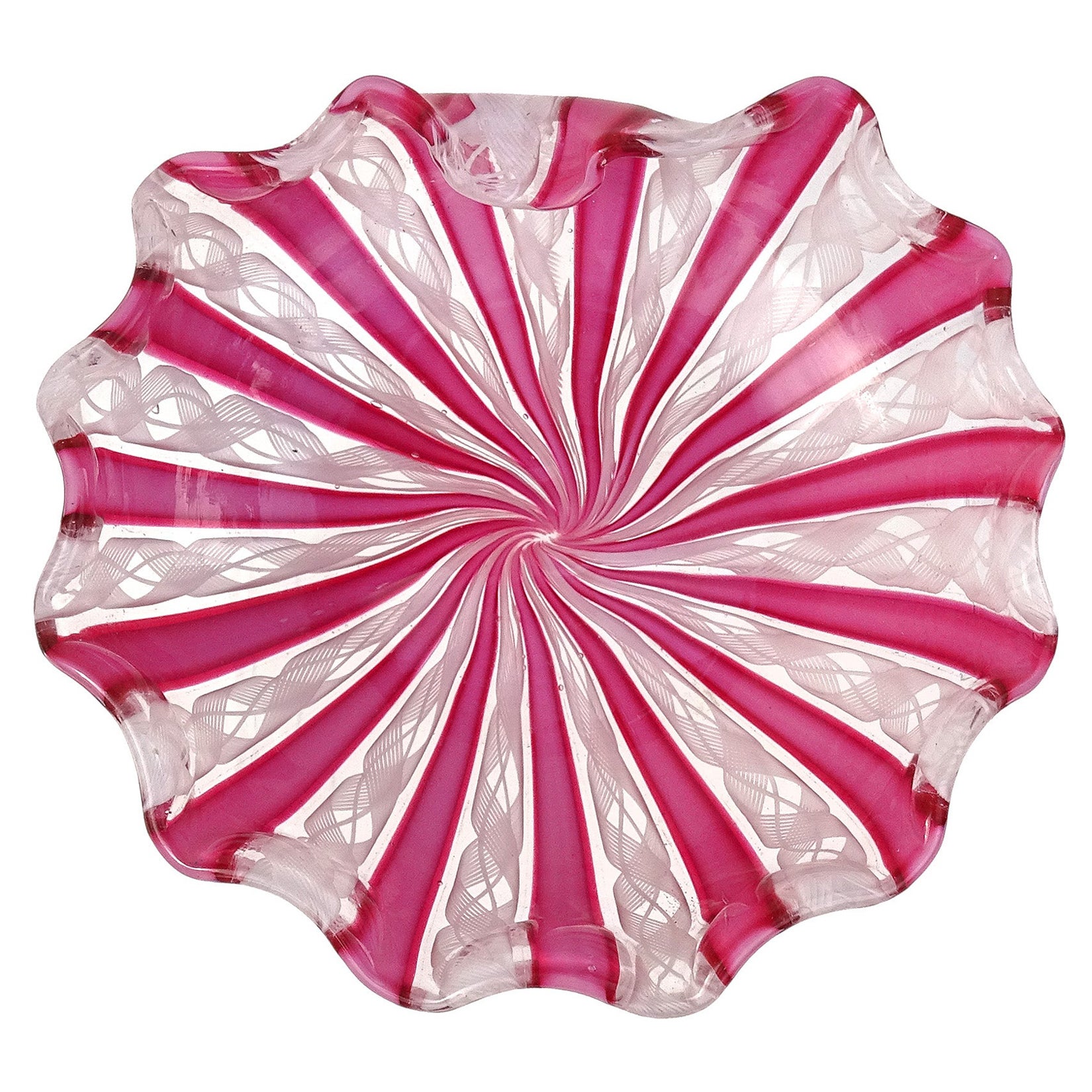 Fratelli Toso Murano Pink White Ribbons Italian Art Glass Decorative Dish Bowl For Sale