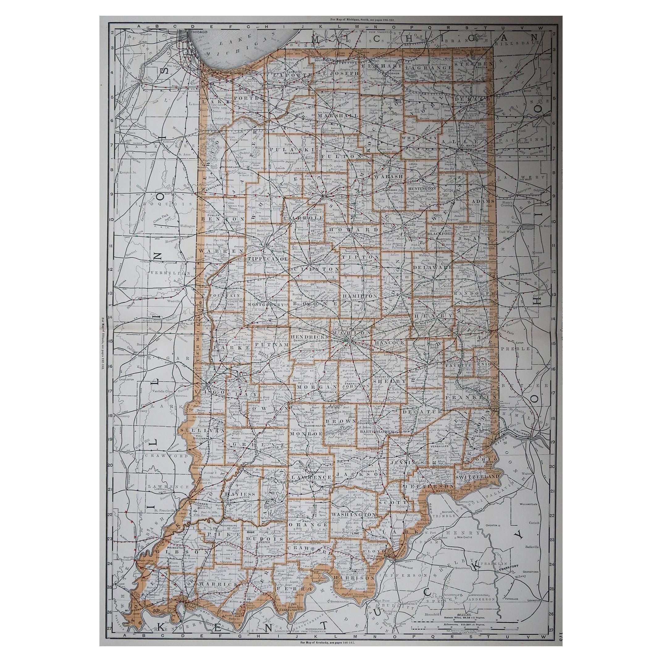 Grande carte ancienne originale de l'Indiana, États-Unis, 1894 en vente