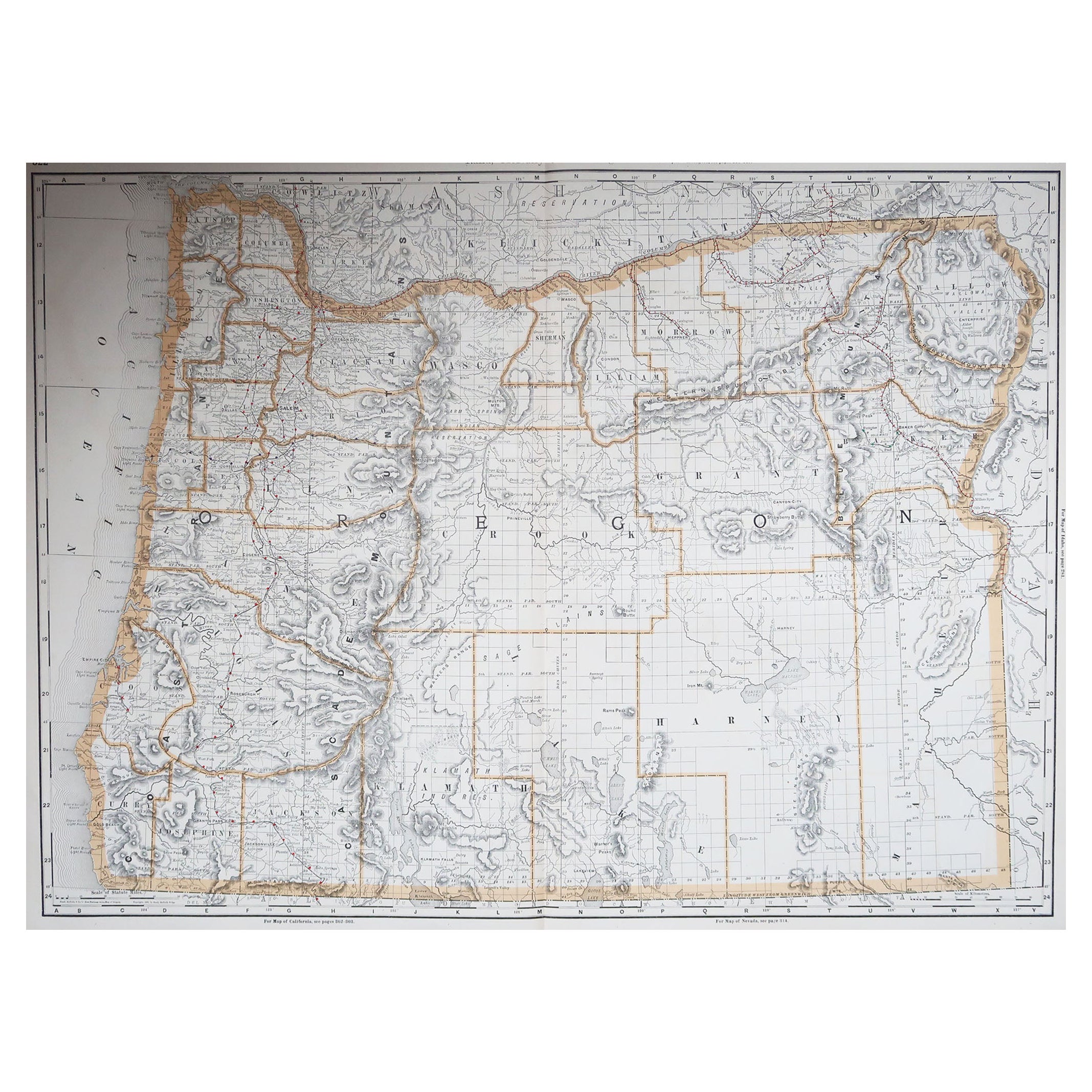 Large Original Antique Map of Oregon, USA, 1894