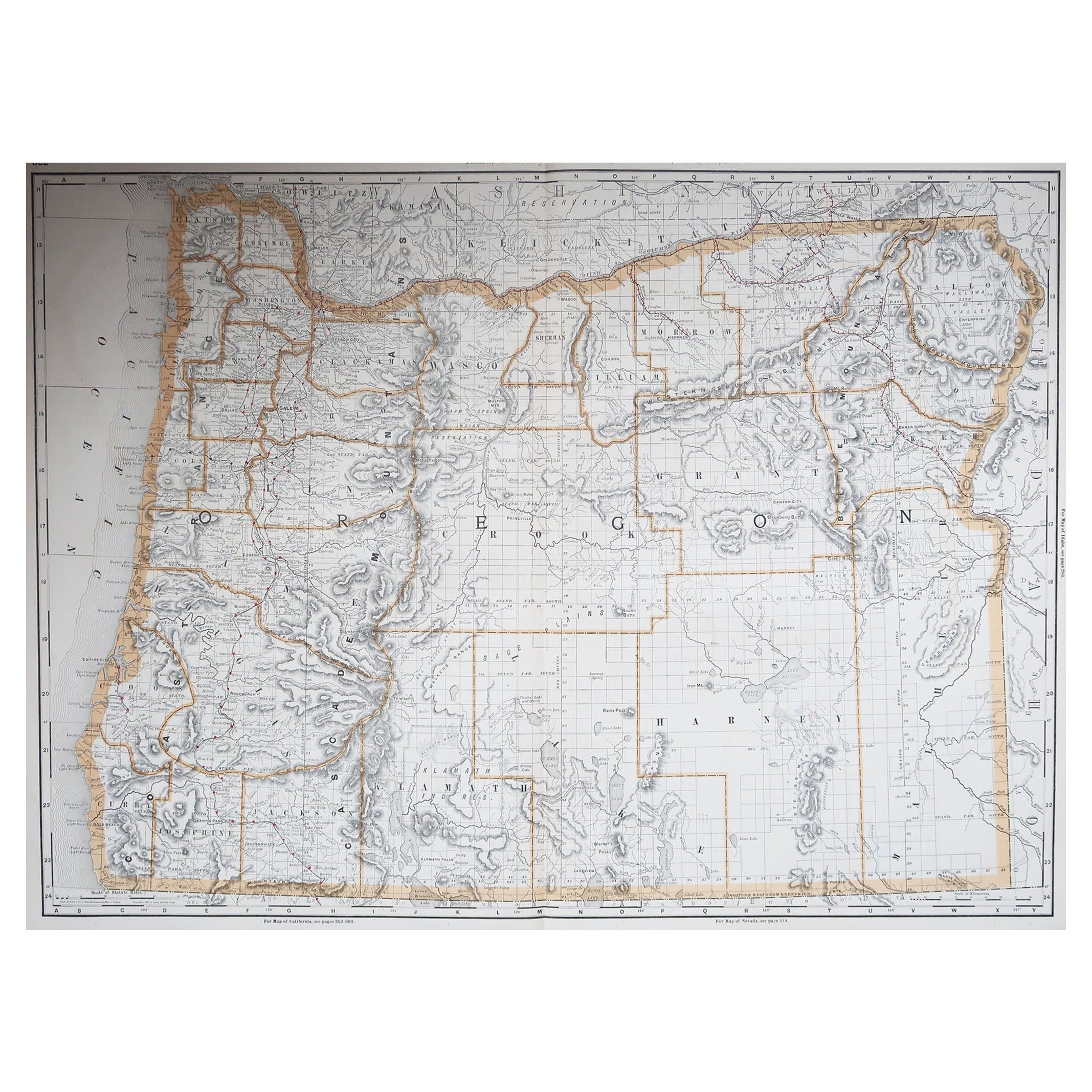 Grande mappa originale antica dell'Oregon, USA, 1894