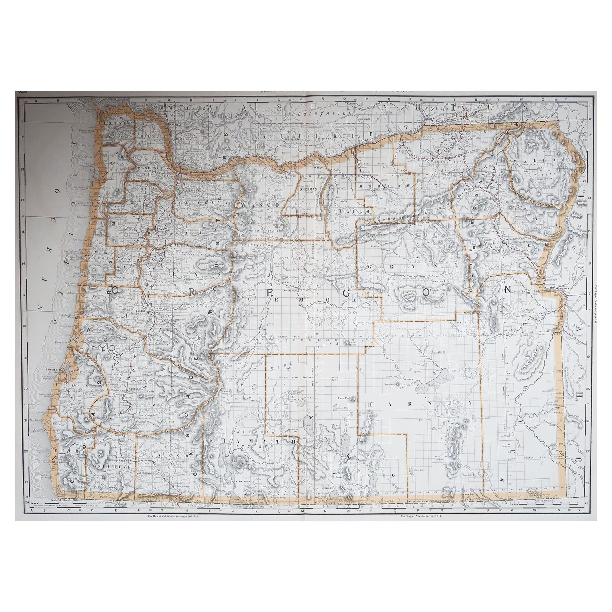 Grande carte ancienne originale de l'Oregon, États-Unis, 1894 en vente