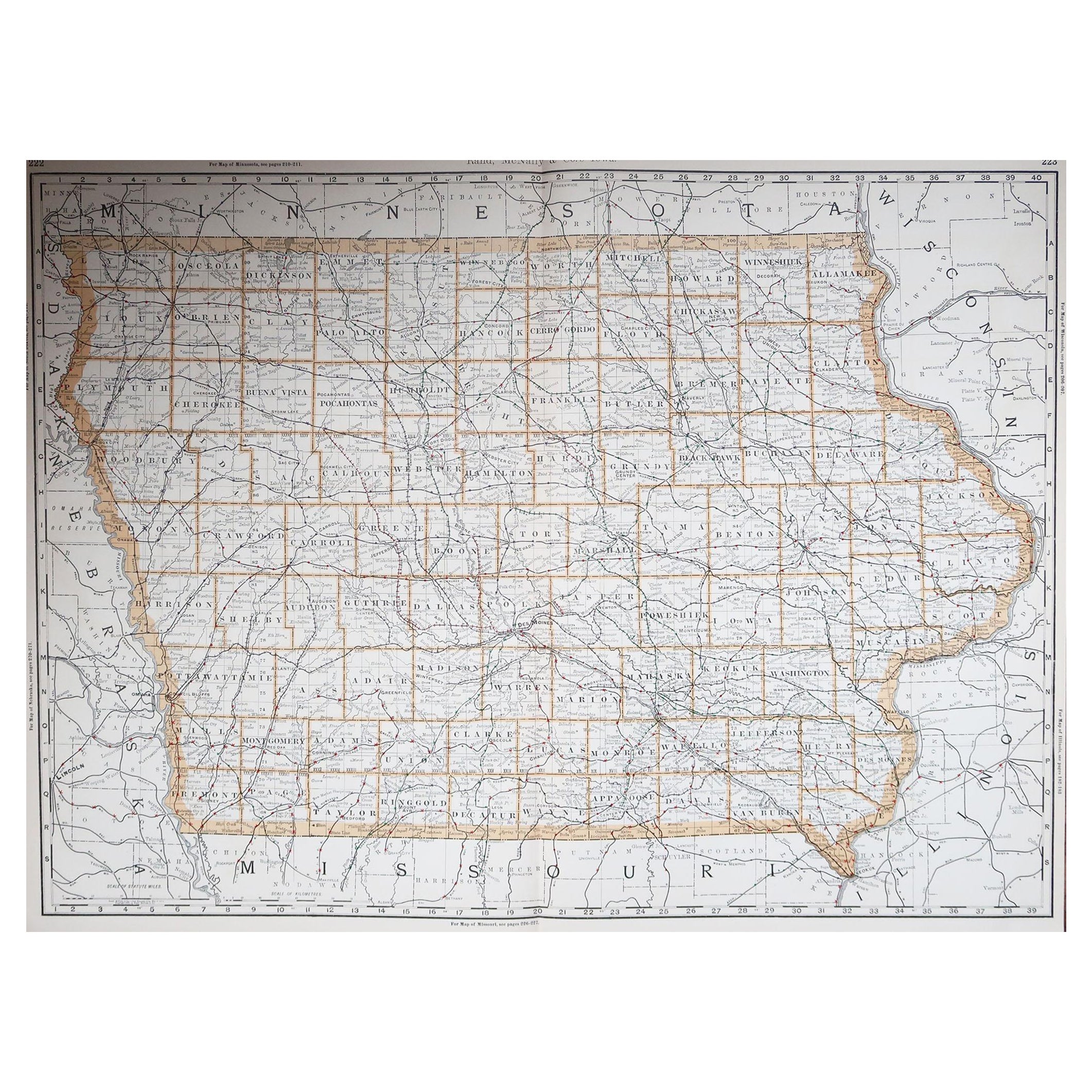 Grande carte ancienne originale de l'Iowa, États-Unis, 1894 en vente