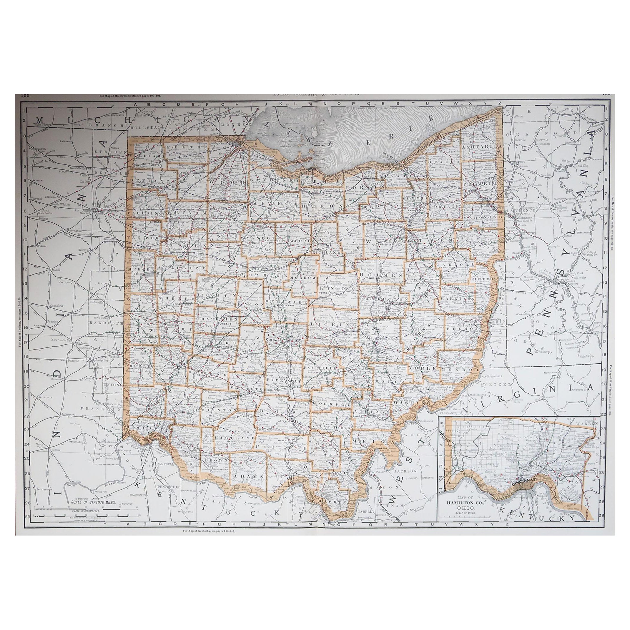 Large Original Antique Map of Ohio, USA, 1894