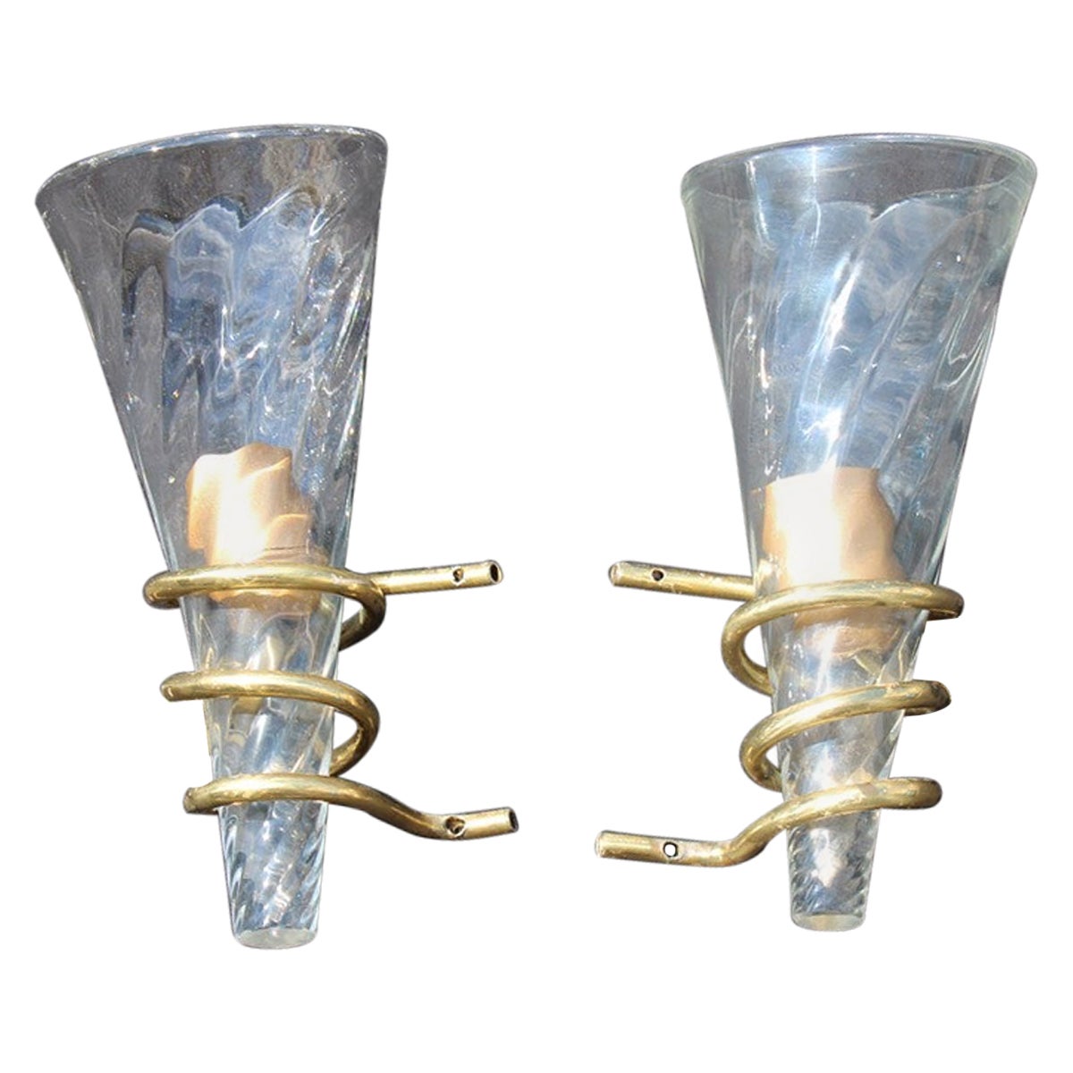 Pair of Spiral Wall Lamps in Murano Glass and Brass, Italy, 1970