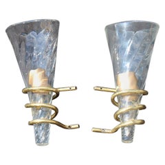 Coppia di lampade da parete a spirale in vetro di Murano e ottone, Italia, 1970