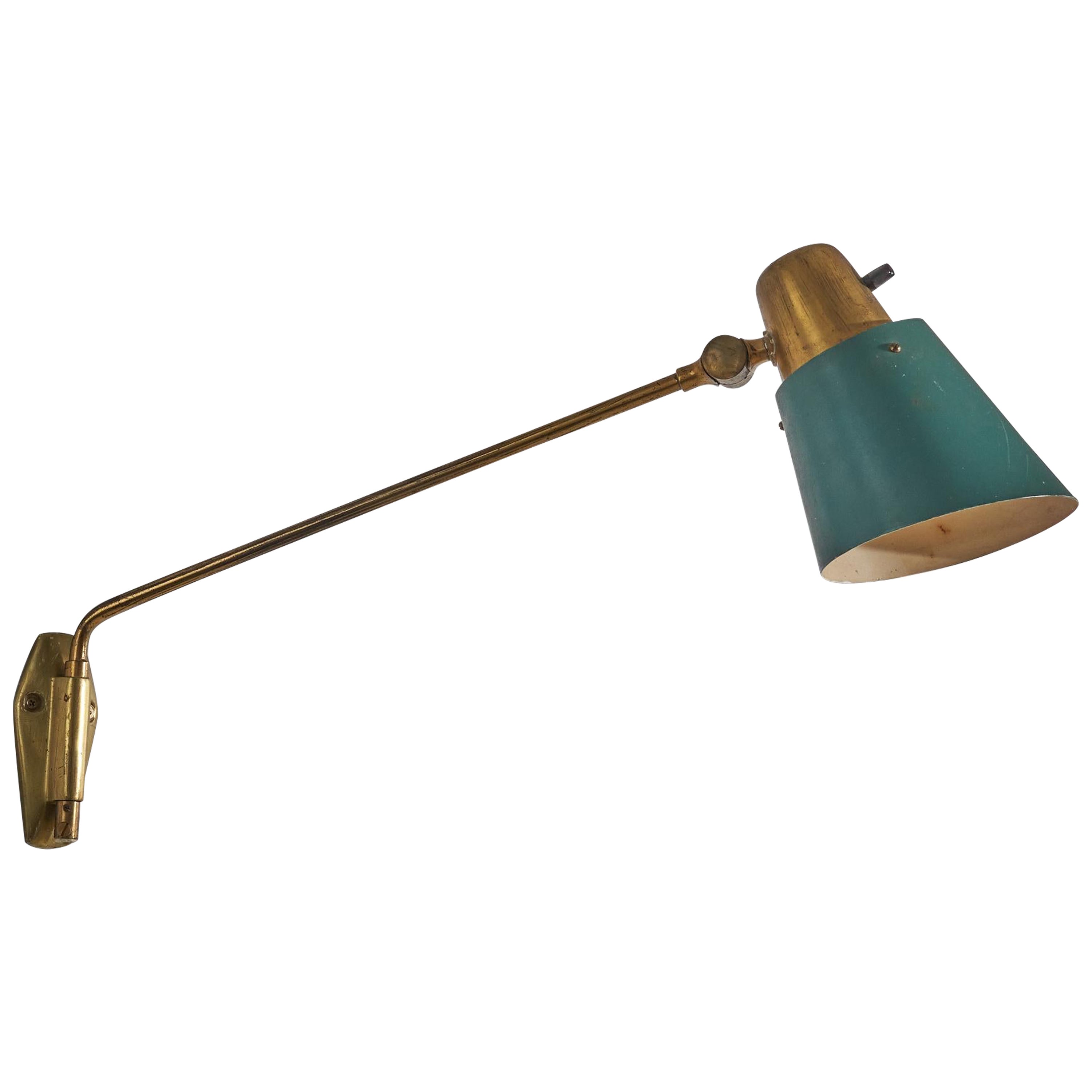 Swedish Designer, Wall Light, Brass, Green Lacquered Metal, Sweden, C. 1940s