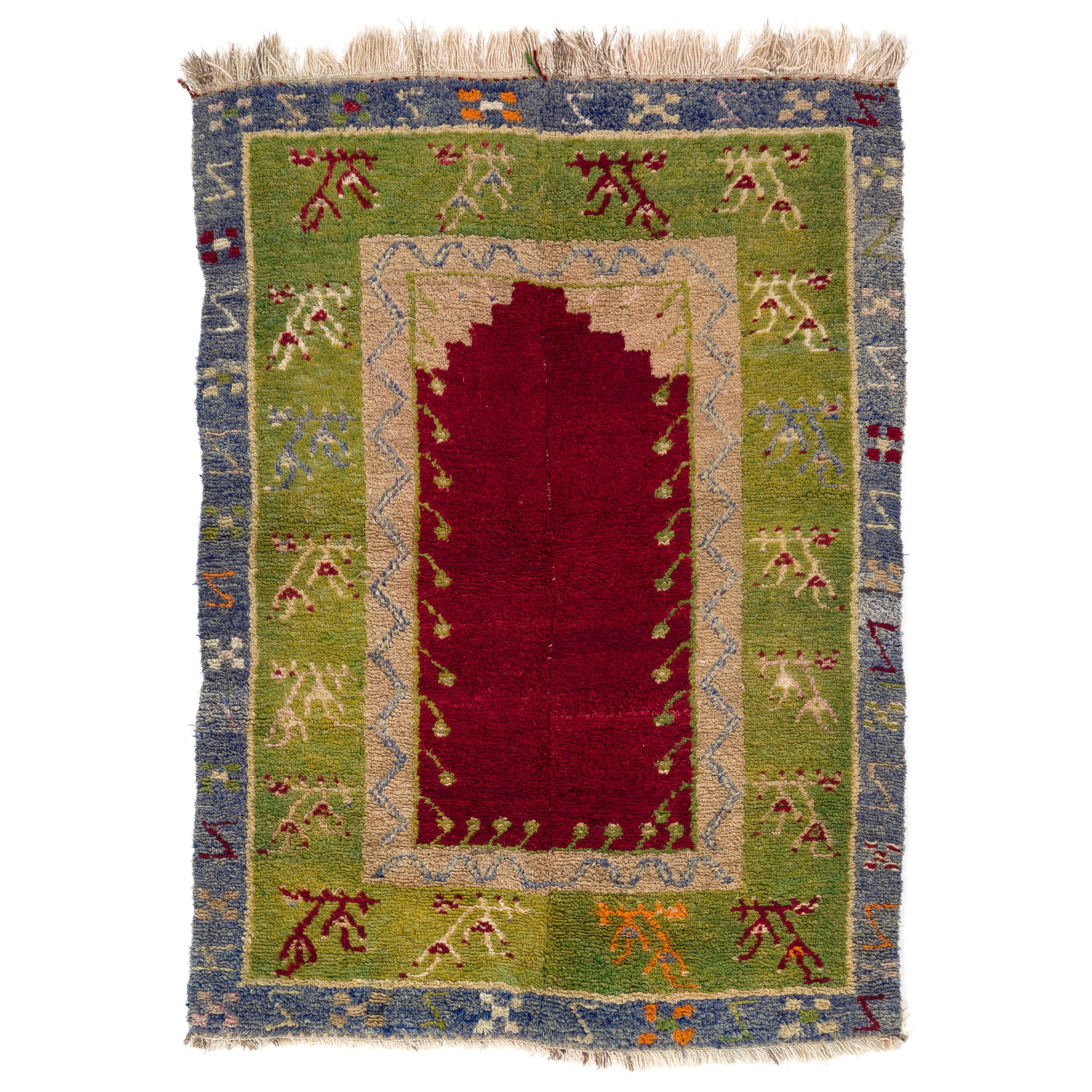 3.8x5.2 Ft Vintage Handmade Unique Turkish Tulu Rug with Niche Design, All Wool For Sale