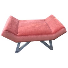 Mid Century Velvet Upholstered Bench/Ottoman with Chrome Base, Salmon Velvet