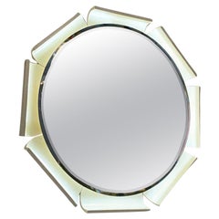 Italian Mid-Century White Cream Backlit Mirror with Octagonal Wood Frame, 1970s