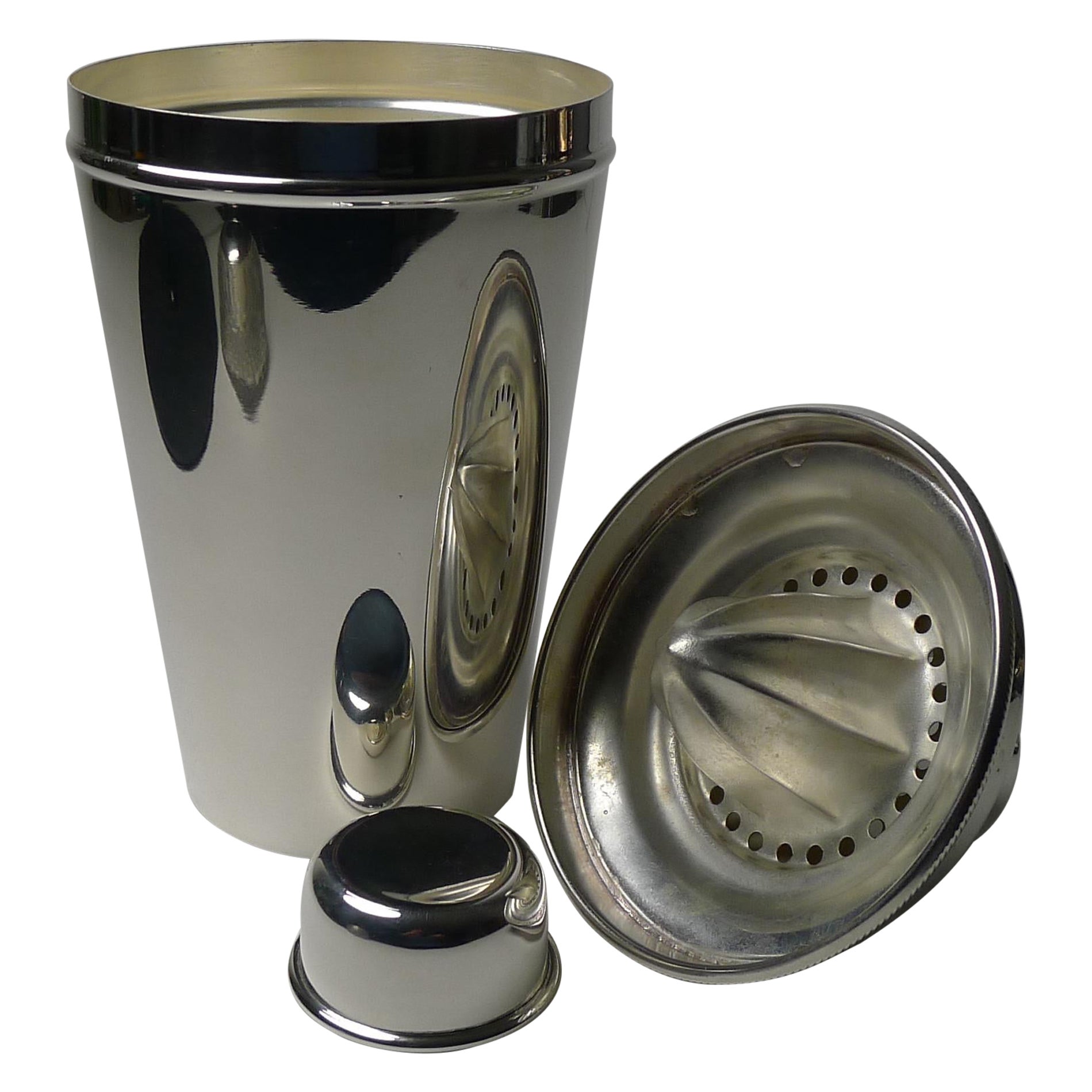 Large Silver Plated Cocktail Shaker with Integral Lemon Squeezer For Sale