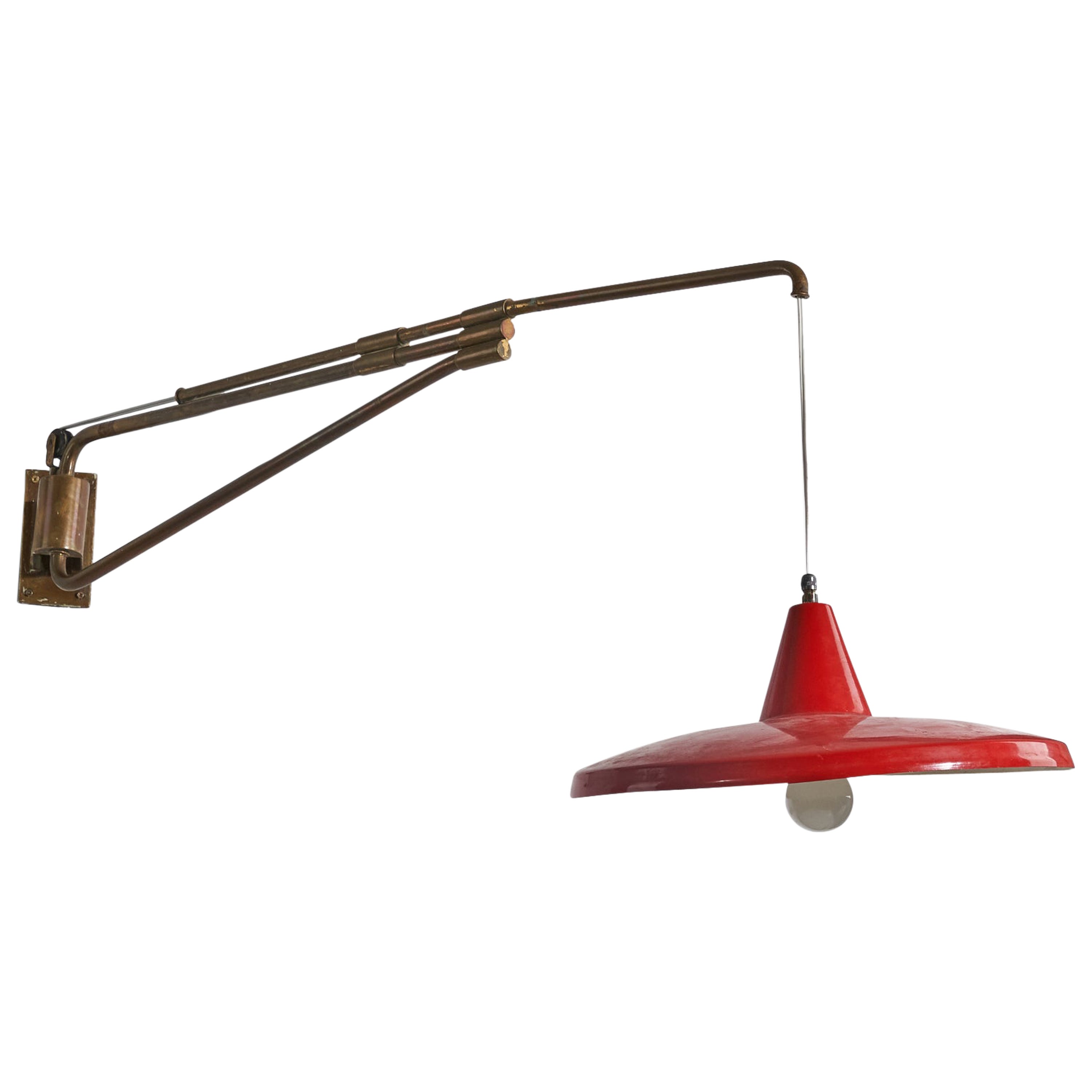 Italian Designer, Wall Light, Brass, Red Lacquered Metal, Italy, 1940s For Sale