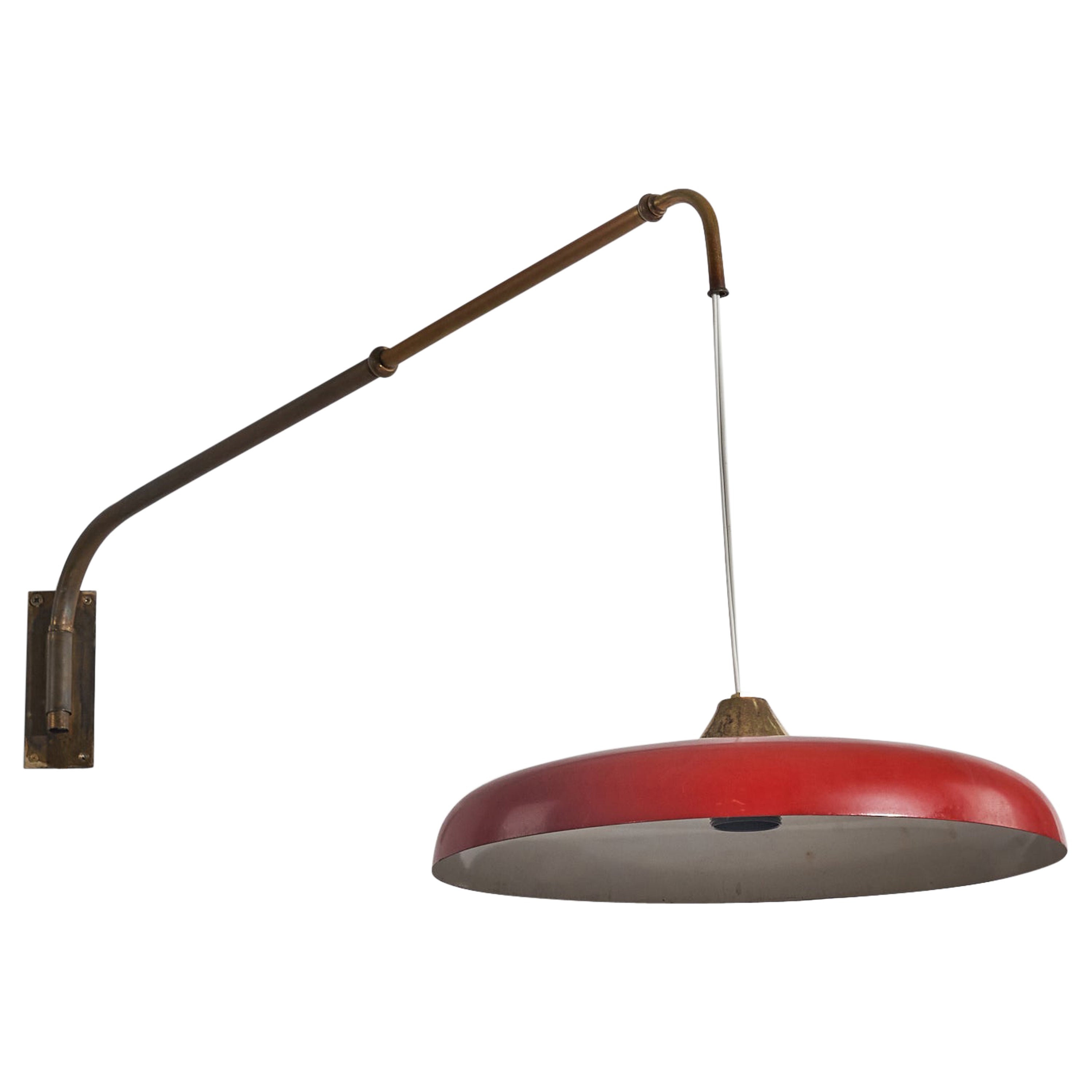 Italian Designer, Wall Light, Brass, Red Lacquered Metal, Italy, 1940s