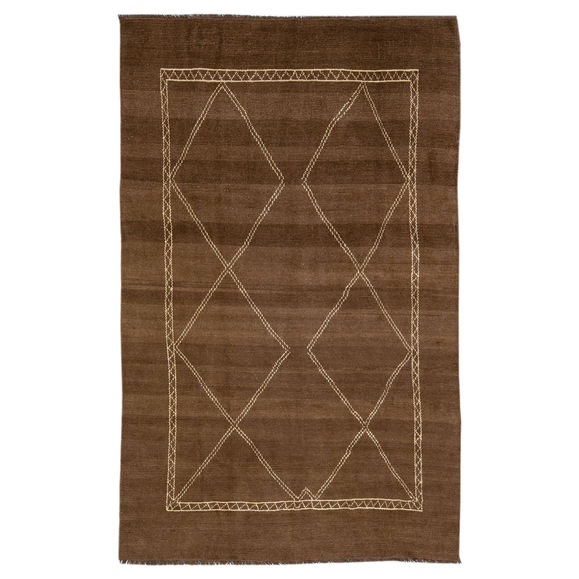 Modern Moroccan Style Brown Handmade Wool Rug with Geometric Pattern by Apadana For Sale
